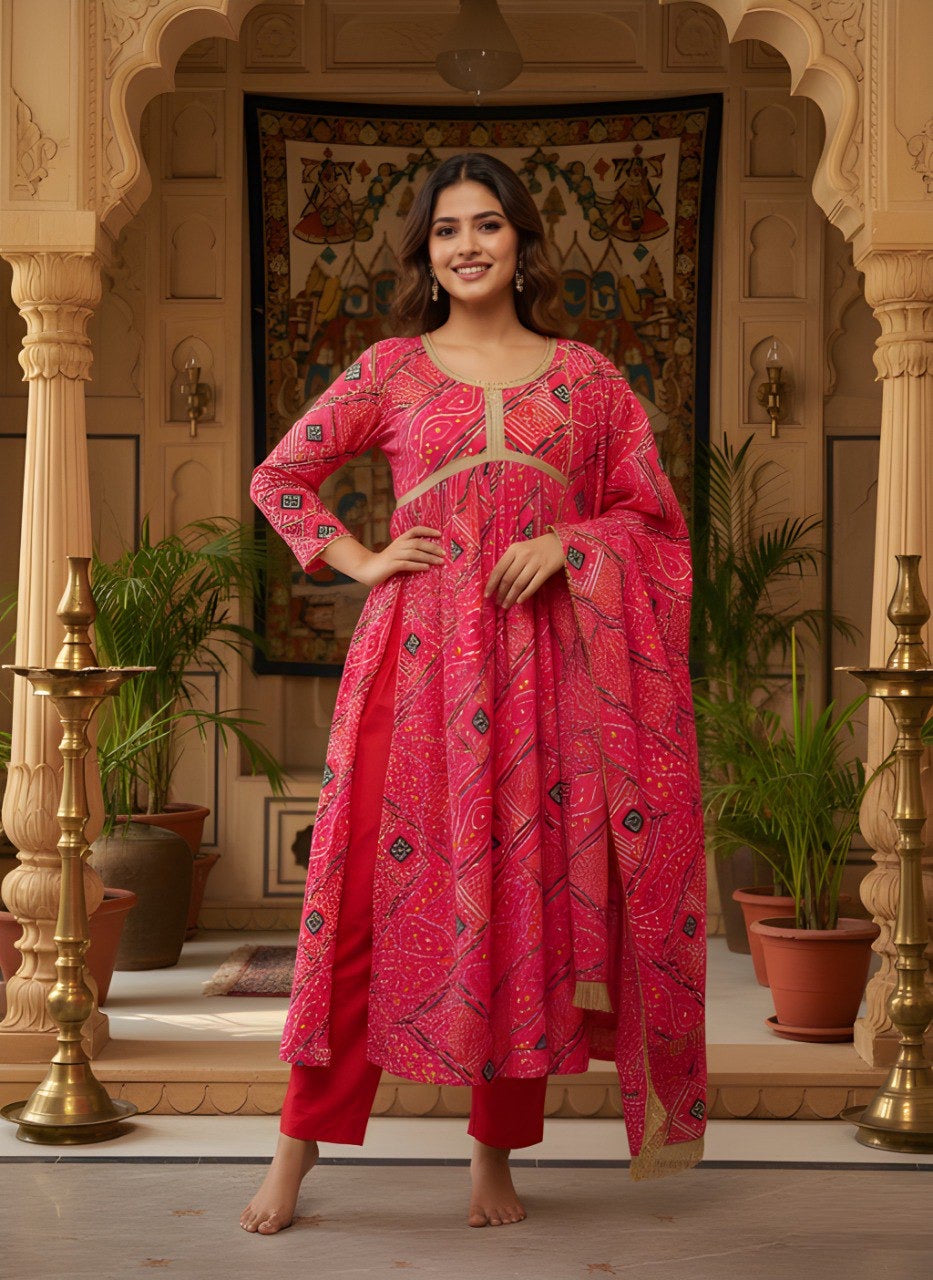 Pink Bandhani Printed Kurta Set