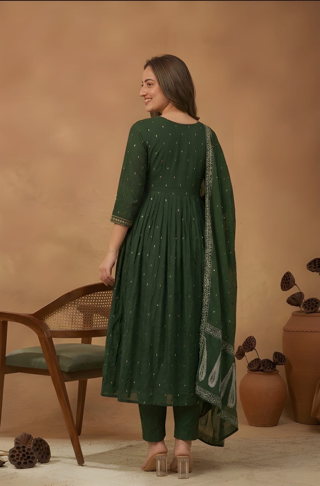 Green Embroidered Flared Kurta Set