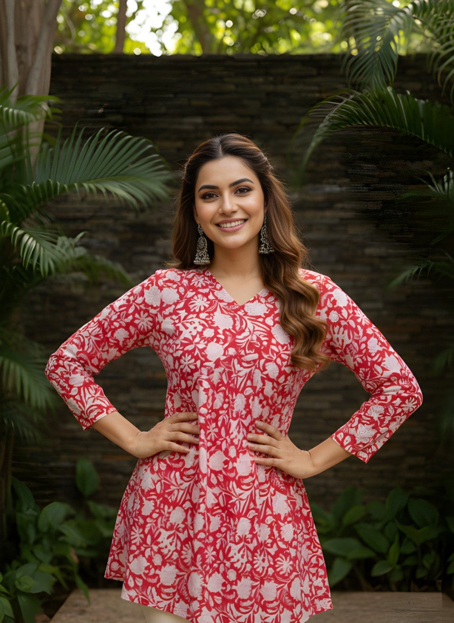 Red Floral V-Neck Tunic Top