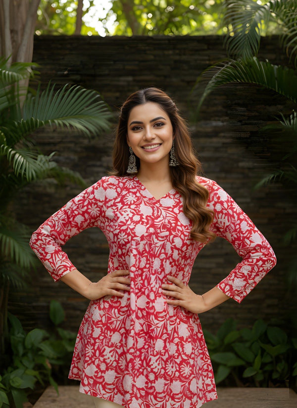 Red Floral V-Neck Tunic Top