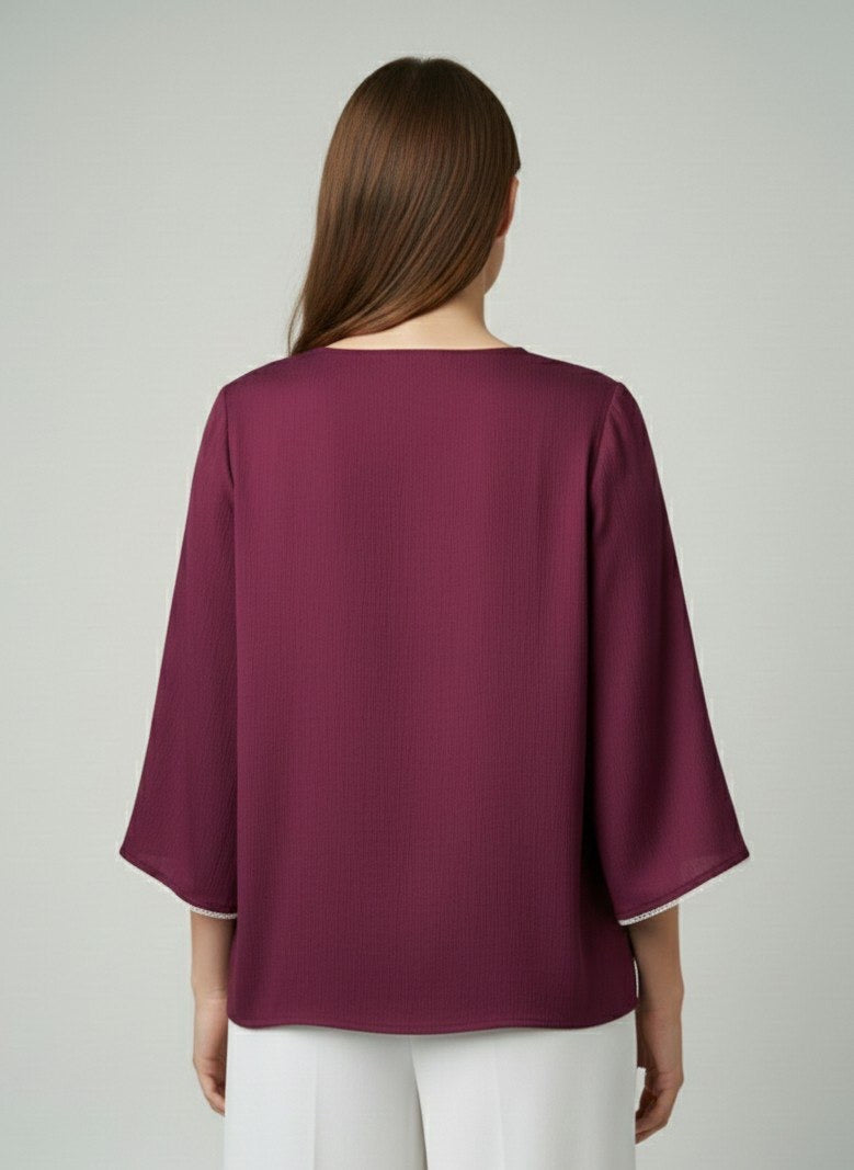 Solid Purple Delta Silk V-Neck Top for Women