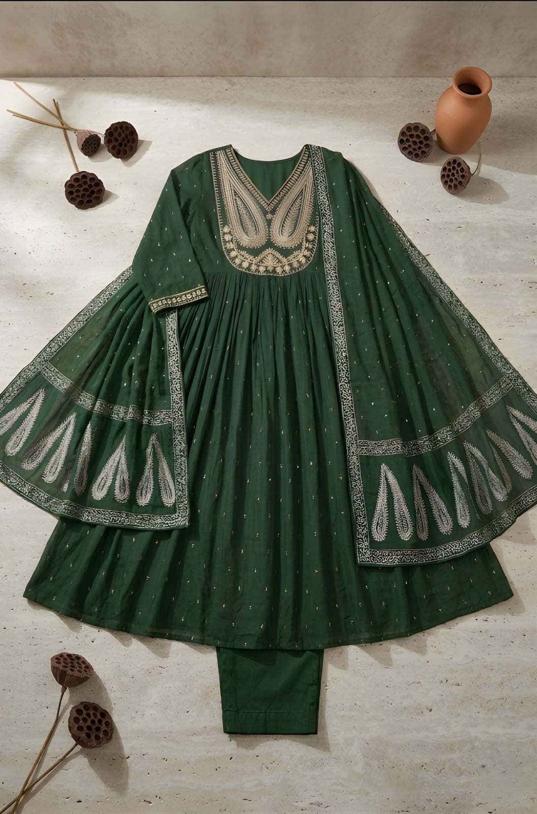 Green Embroidered Flared Kurta Set