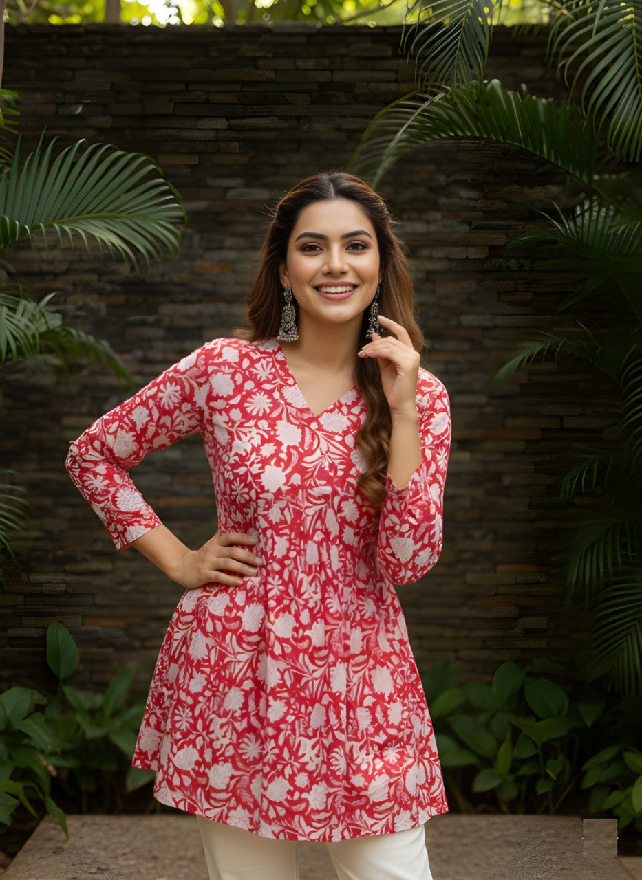 Red Floral V-Neck Tunic Top