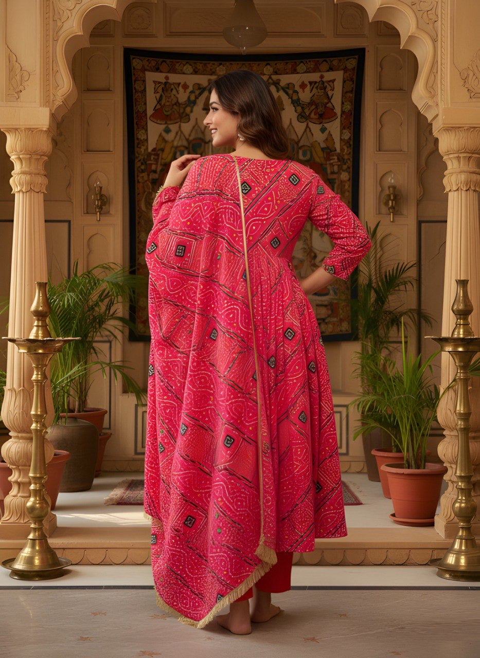 Pink Bandhani Printed Kurta Set
