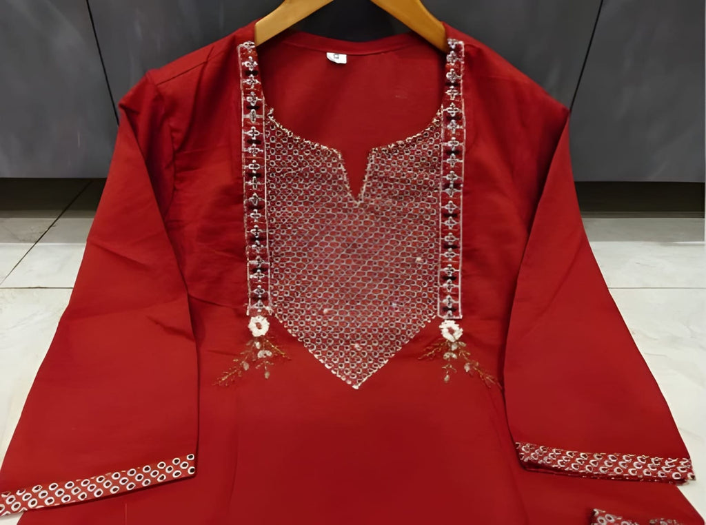 Women's Red Ethnic Embroidered Salwar Kameez Set