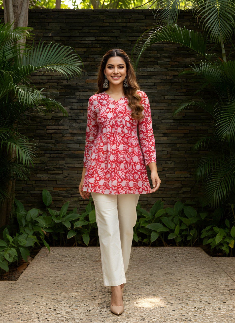 Red Floral V-Neck Tunic Top