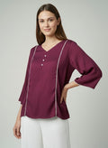 Solid Purple Delta Silk V-Neck Top for Women