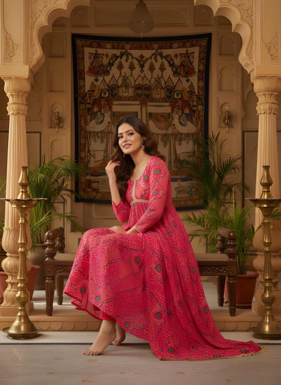 Pink Bandhani Printed Kurta Set