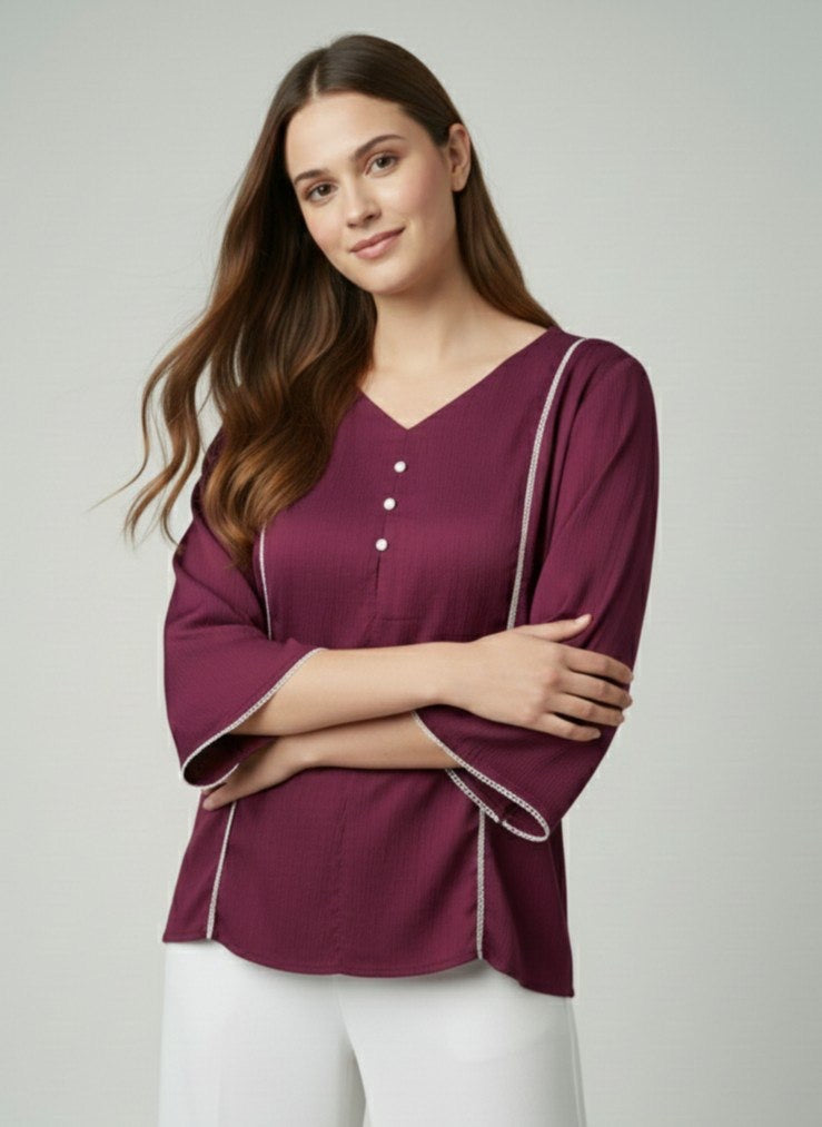 Solid Purple Delta Silk V-Neck Top for Women