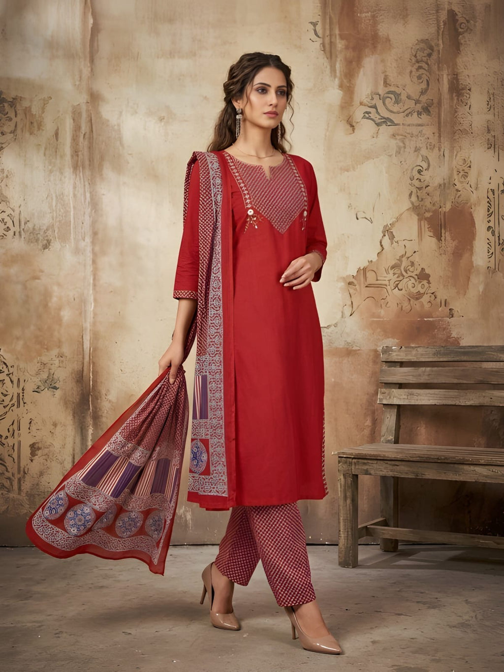 Women's Red Ethnic Embroidered Salwar Kameez Set