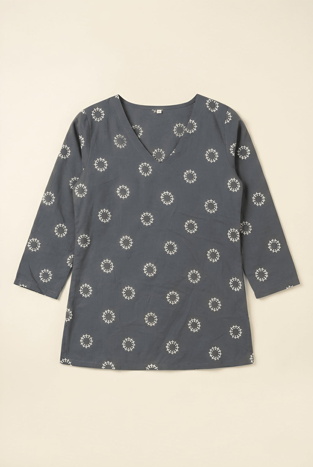 Women's Grey Pure Cotton V-Neck Printed Top