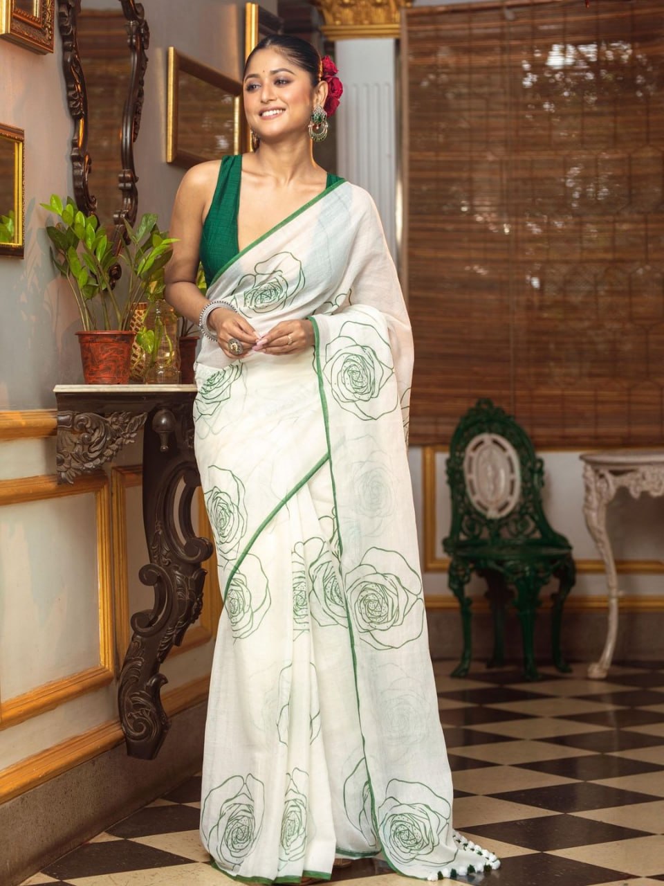 Premium White Linen Cotton Saree with Green Floral Rose Prints