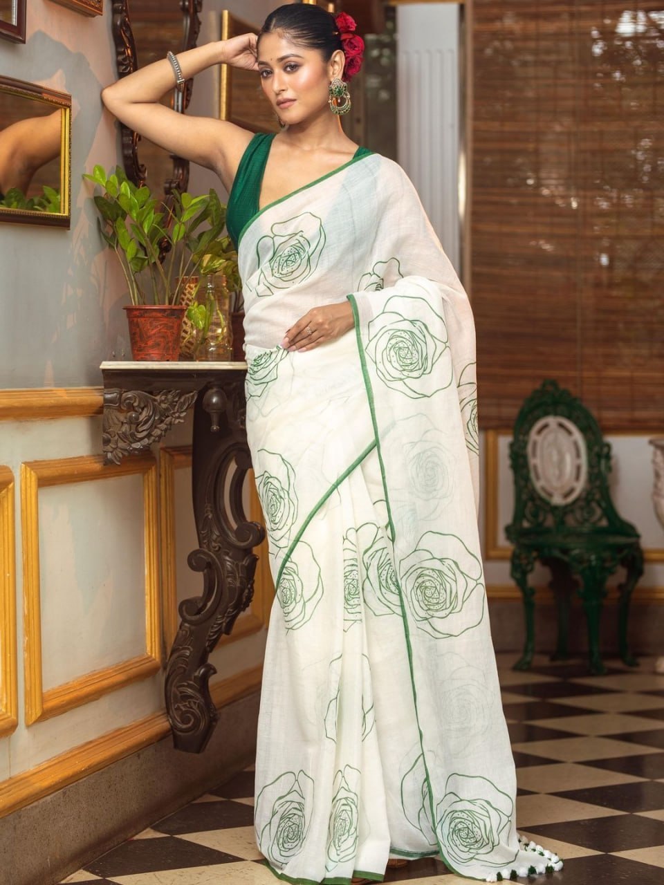 Premium White Linen Cotton Saree with Green Floral Rose Prints