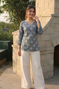 Grey Printed Cotton Short Top for Women