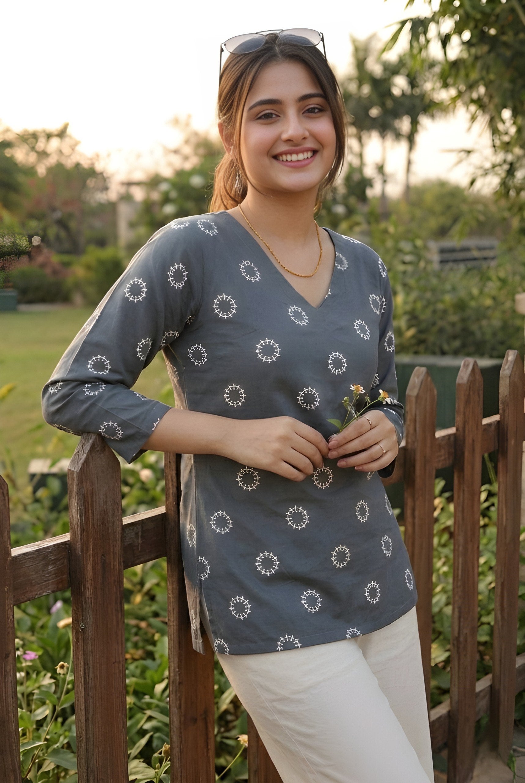 Grey Printed Cotton Short Top for Women