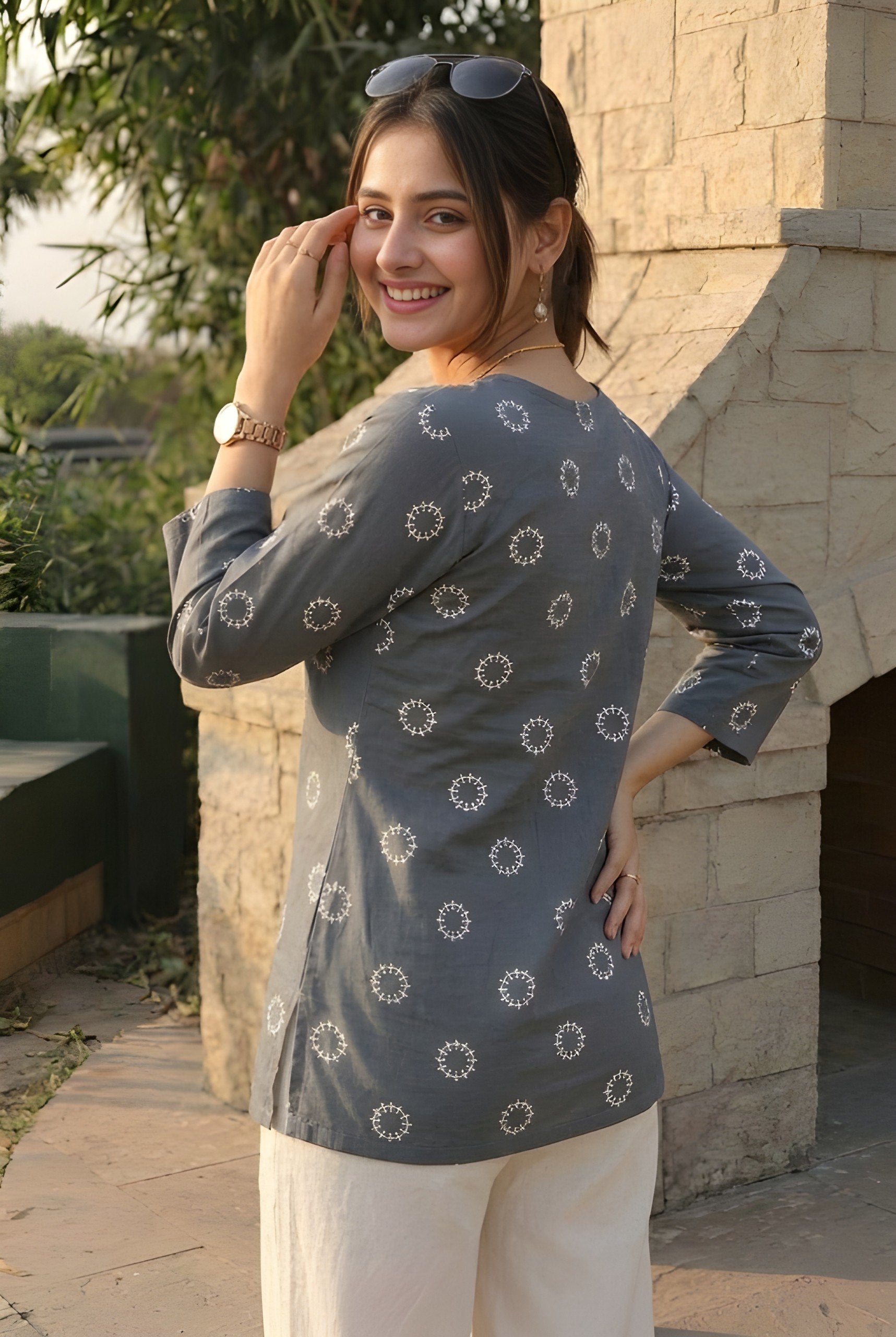 Grey Printed Cotton Short Top for Women