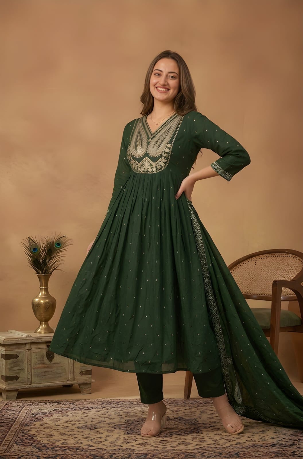 Green Embroidered Flared Kurta Set