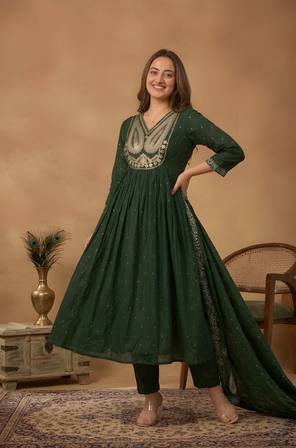 Green Embroidered Flared Kurta Set