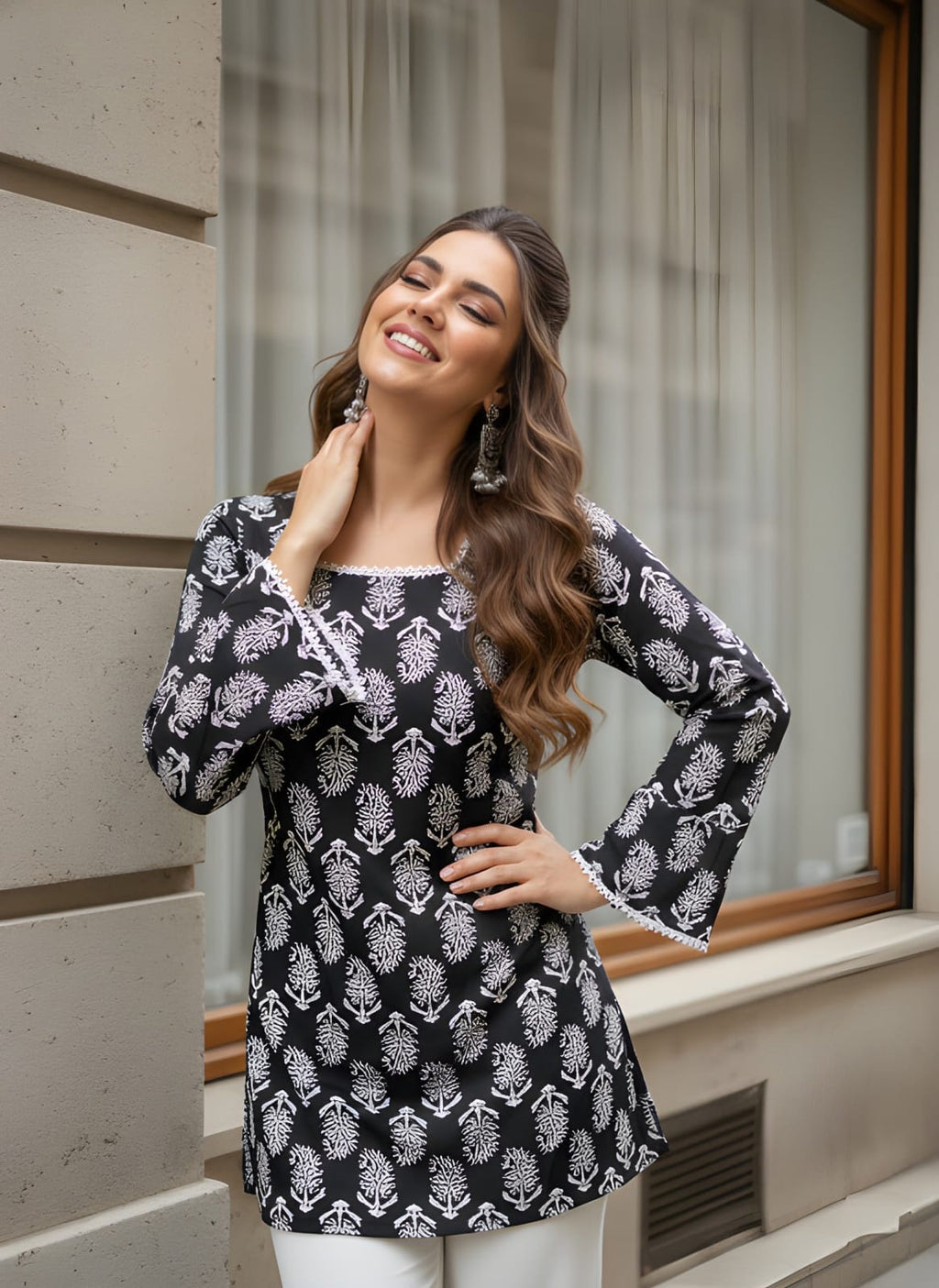 Black Floral V-Neck Tunic Top