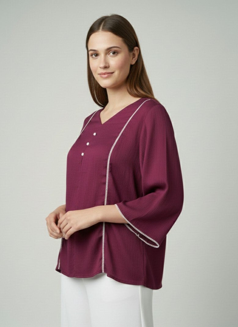 Solid Purple Delta Silk V-Neck Top for Women