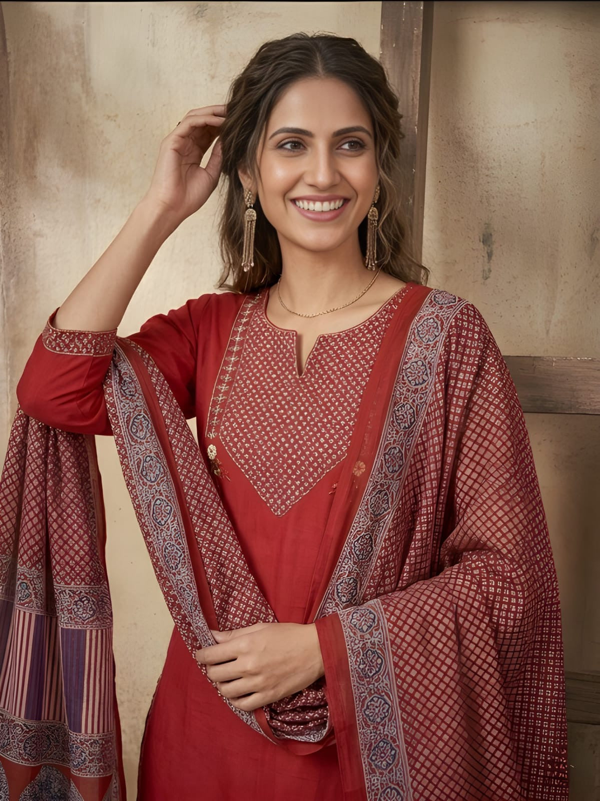 Women's Red Ethnic Embroidered Salwar Kameez Set