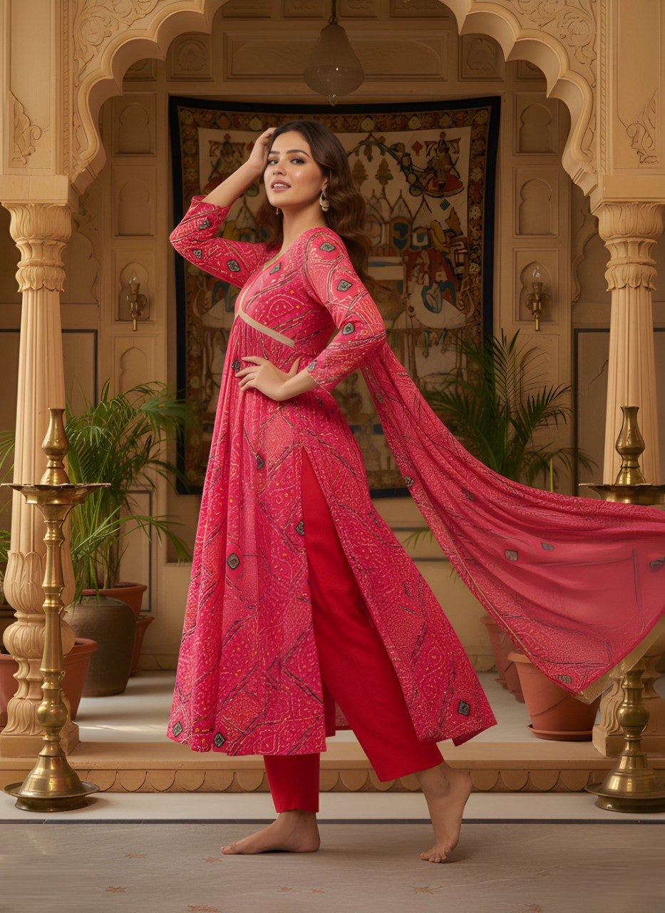Pink Bandhani Printed Kurta Set