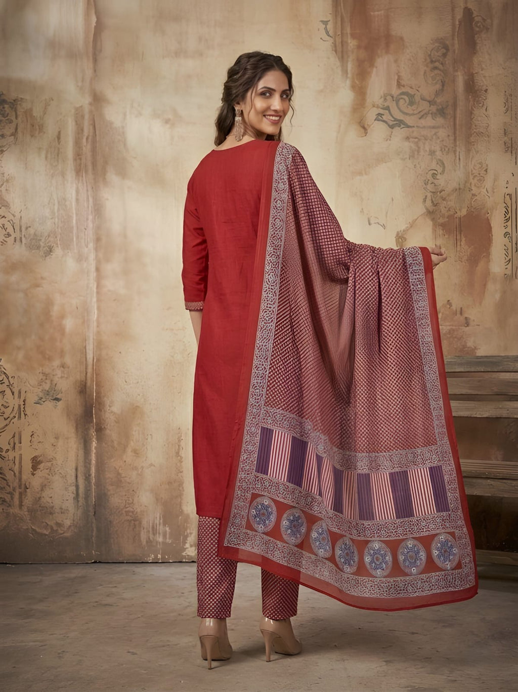 Women's Red Ethnic Embroidered Salwar Kameez Set