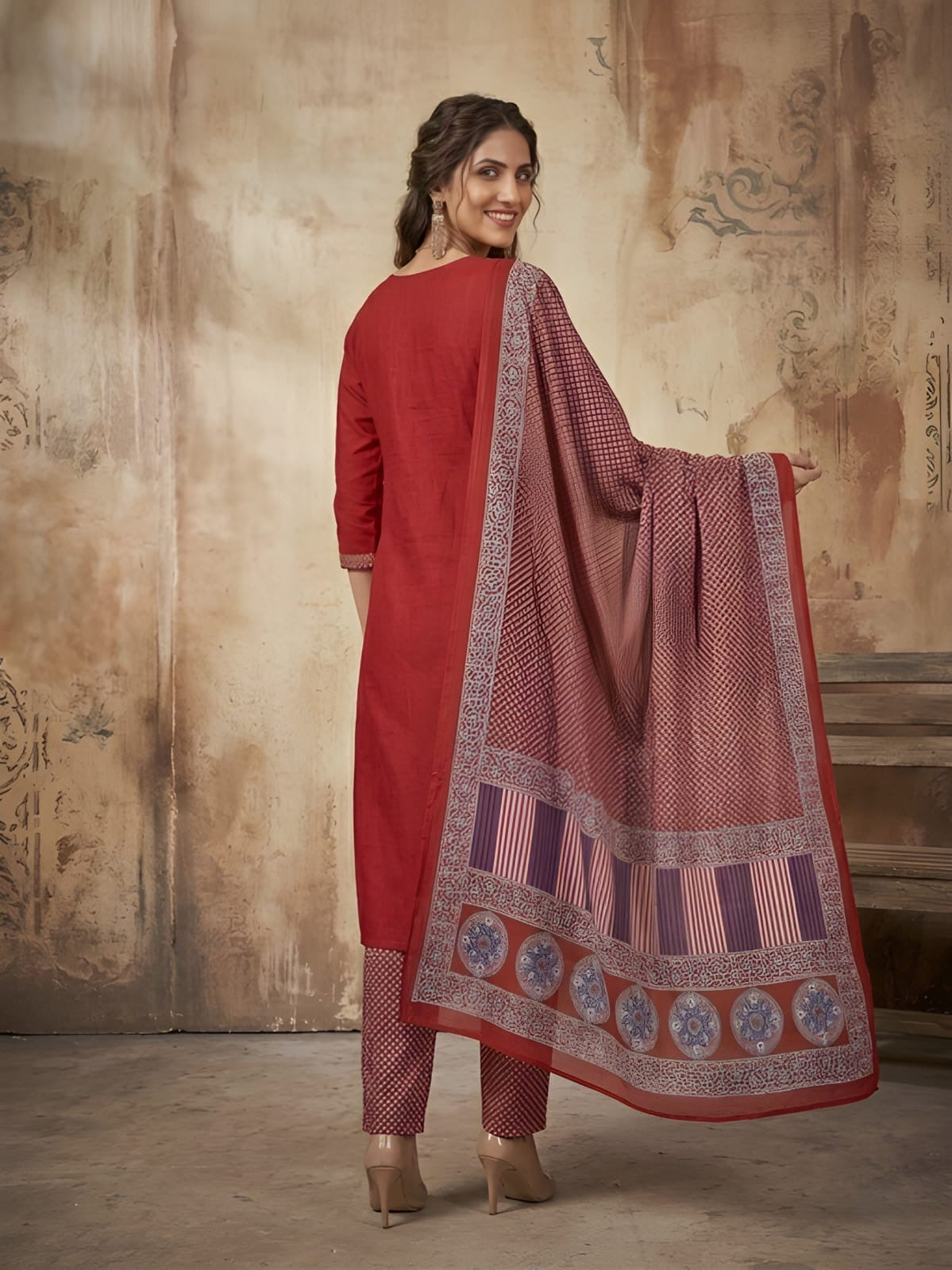 Women's Red Ethnic Embroidered Salwar Kameez Set