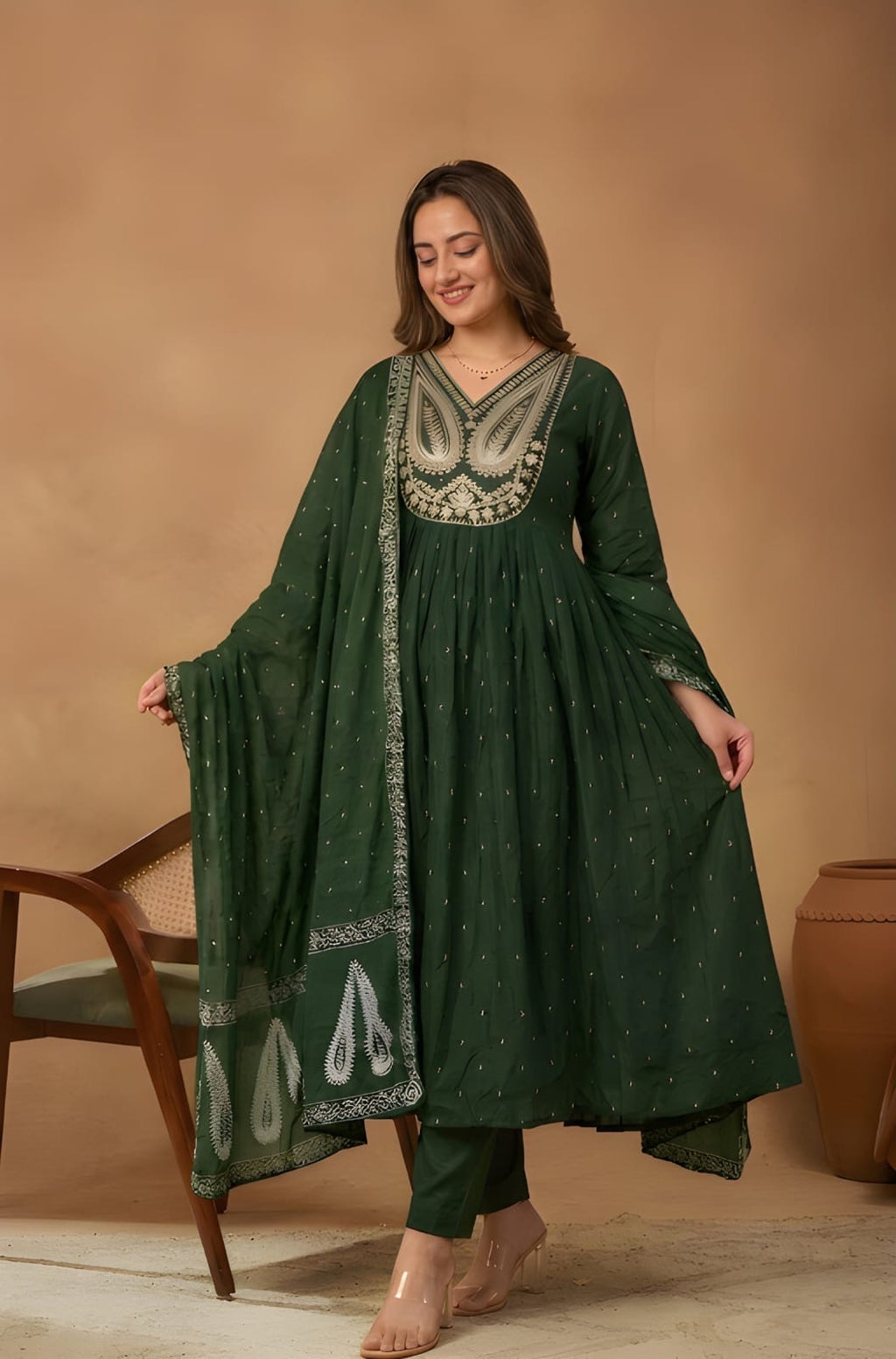 Green Embroidered Flared Kurta Set